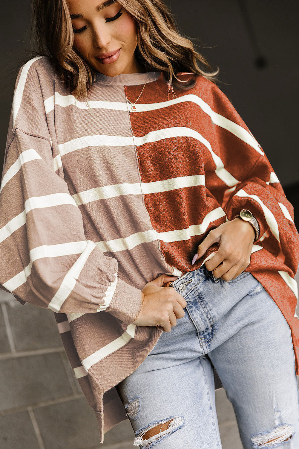 Stripe Oversized Contrast Printed Dropped Shoulder Top