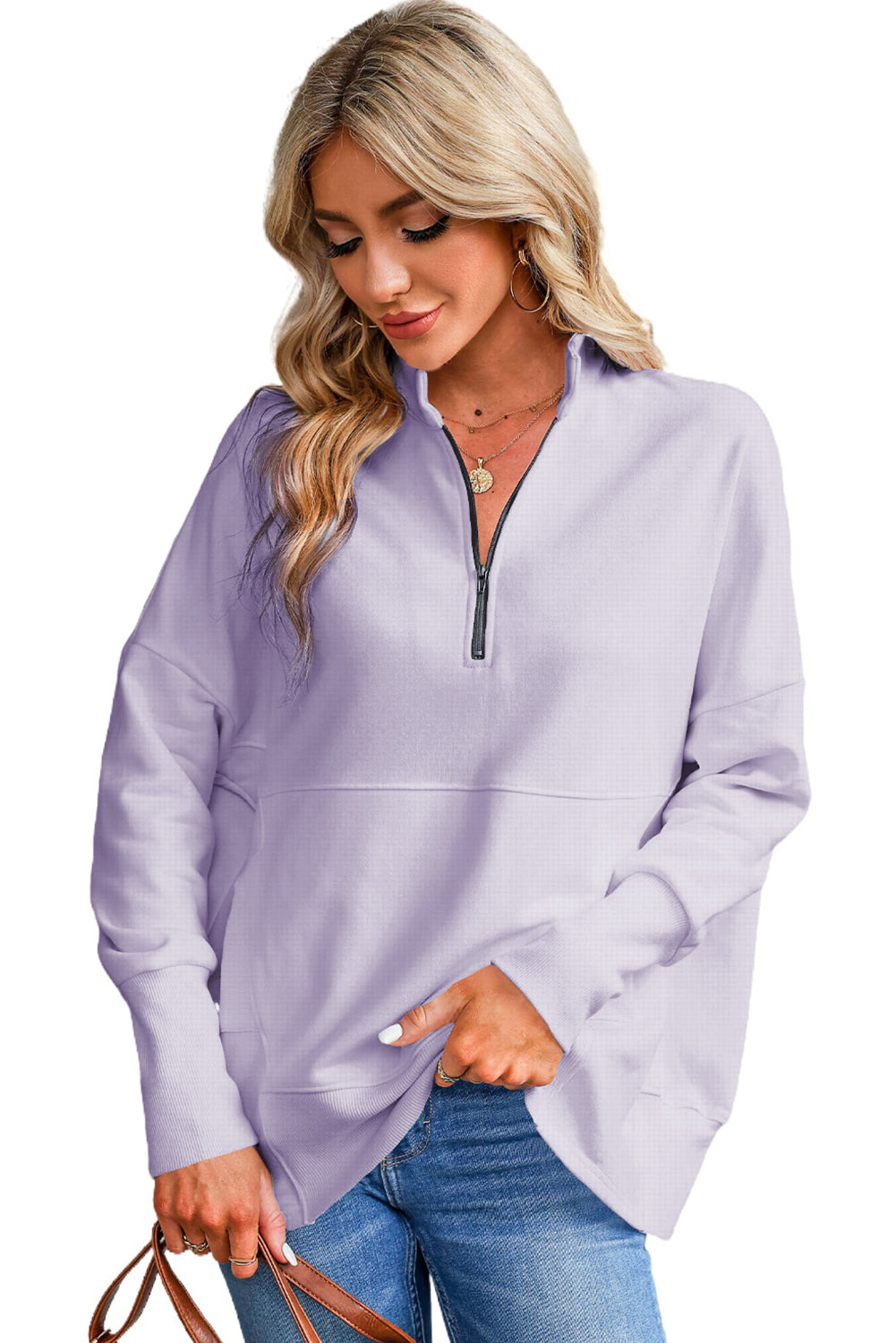 Purple Oversized Quarter-Zip Pullover Sweatshirt