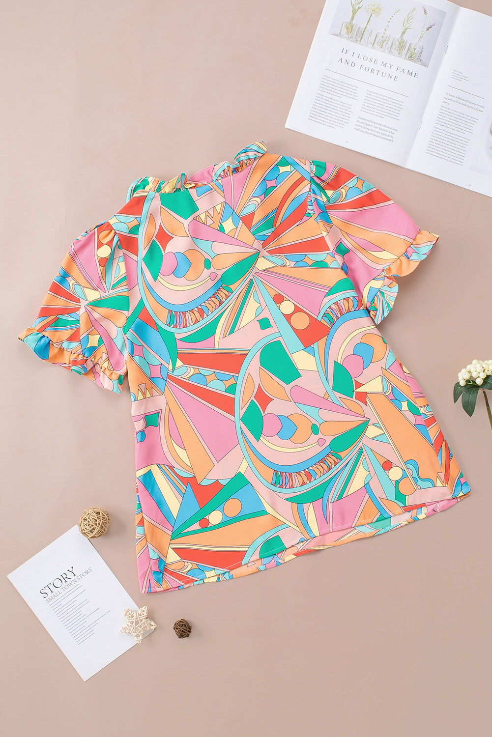 Multicolor Abstract Geometry Print Frilled V Neck Blouse