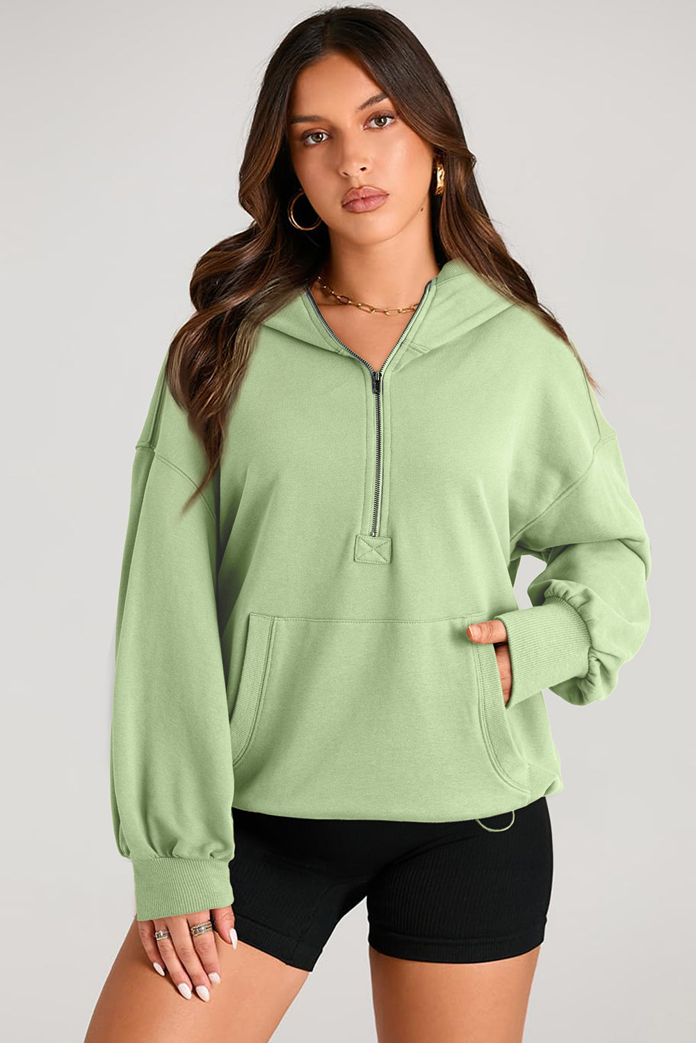 Smoke Green Solid Kangaroo Pocket Half Zipper Oversized Hoodie