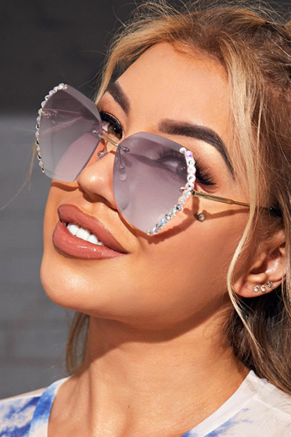 Pink Rhinestone Trim Rimless Sunglasses