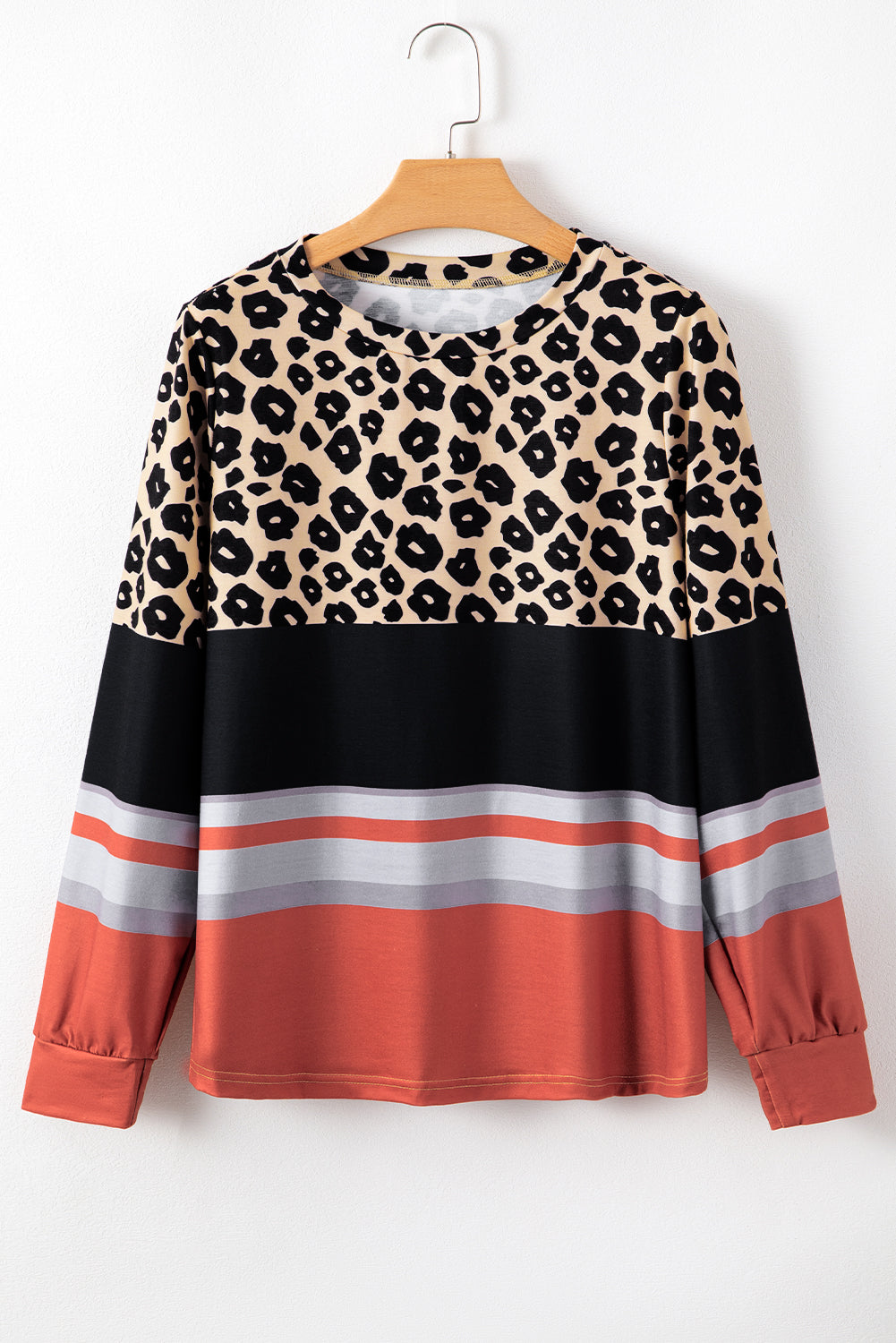 Brown Leopard Color Block Crewneck Long Sleeve Top