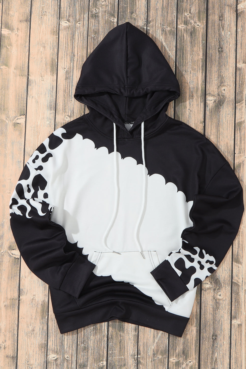 Black Cow Tie Dye Print Pocketed Drawstring Pullover Hoodie