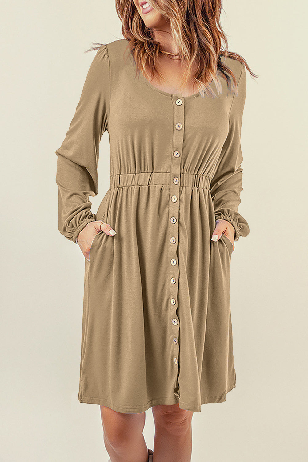 Yellow Button Up High Waist Long Sleeve Dress