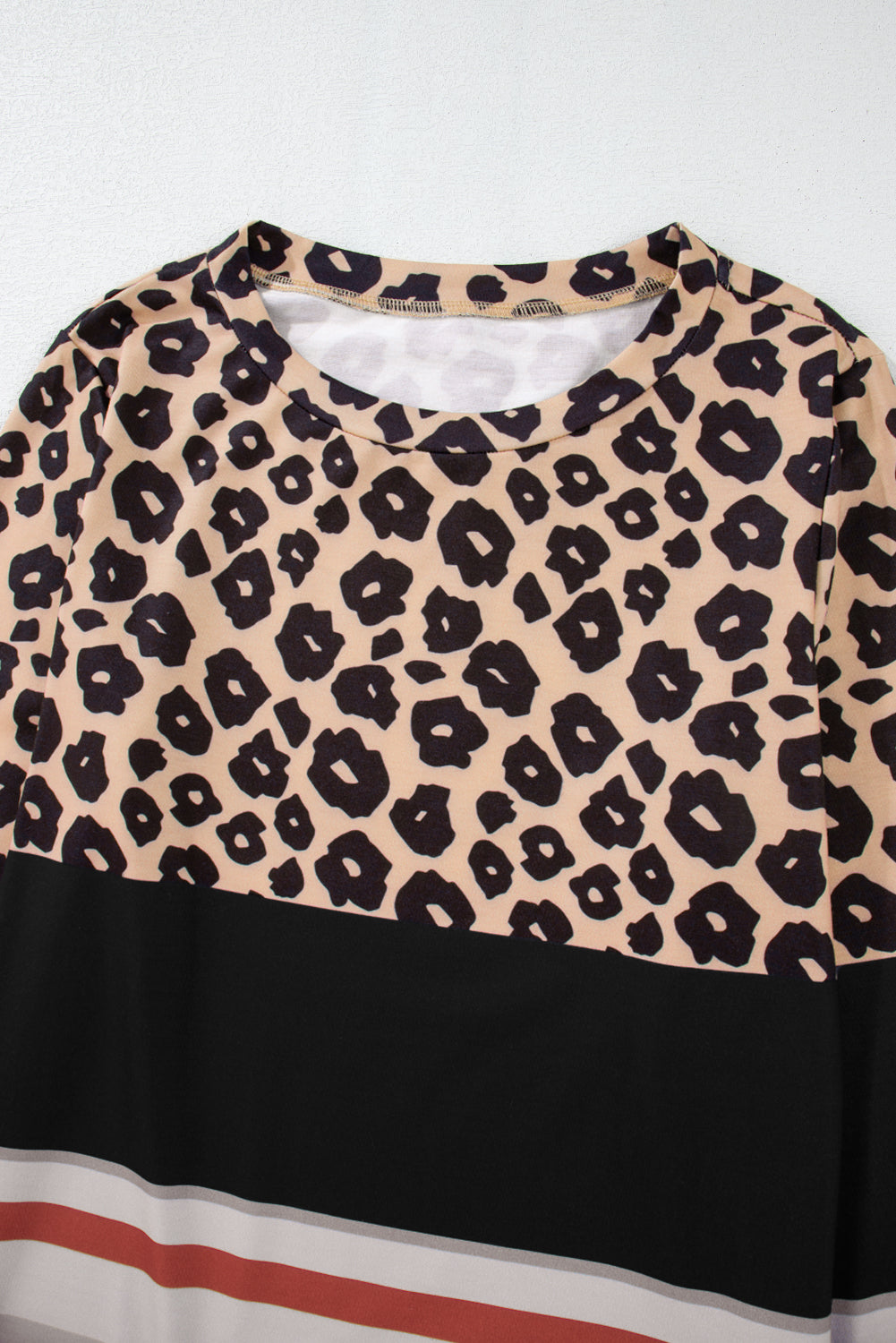 Brown Leopard Color Block Crewneck Long Sleeve Top