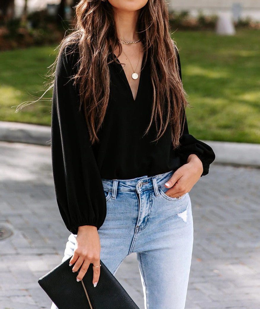 V Neck Puff Sleeve Shirt