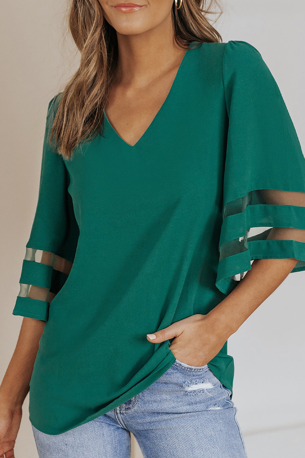 Flare Sleeve V Neck Loose Blouse