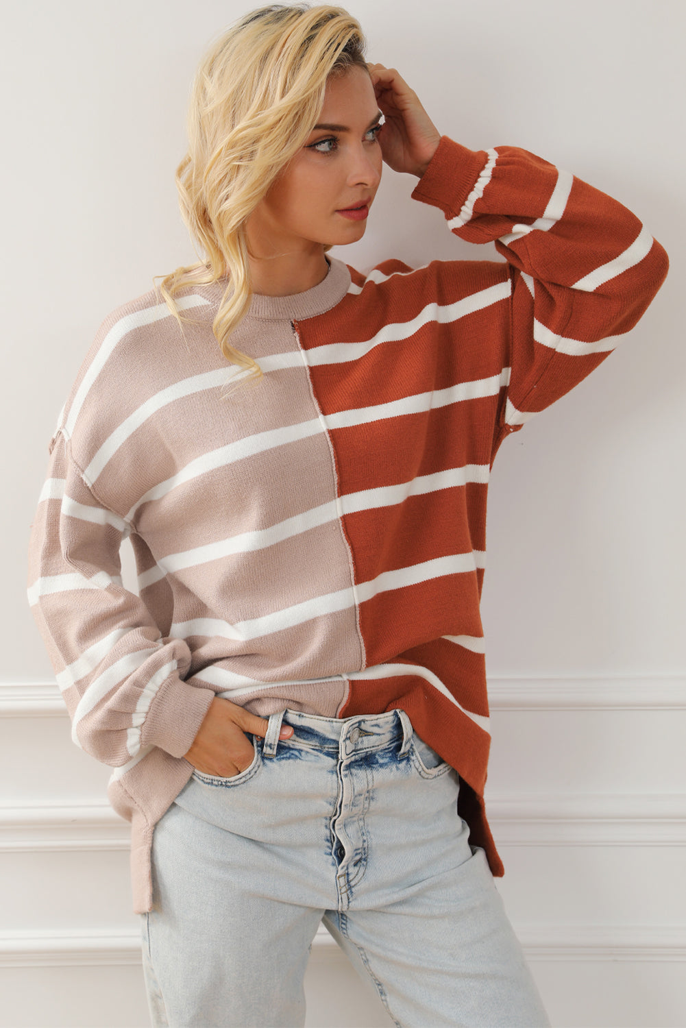 Stripe Oversized Contrast Printed Dropped Shoulder Top