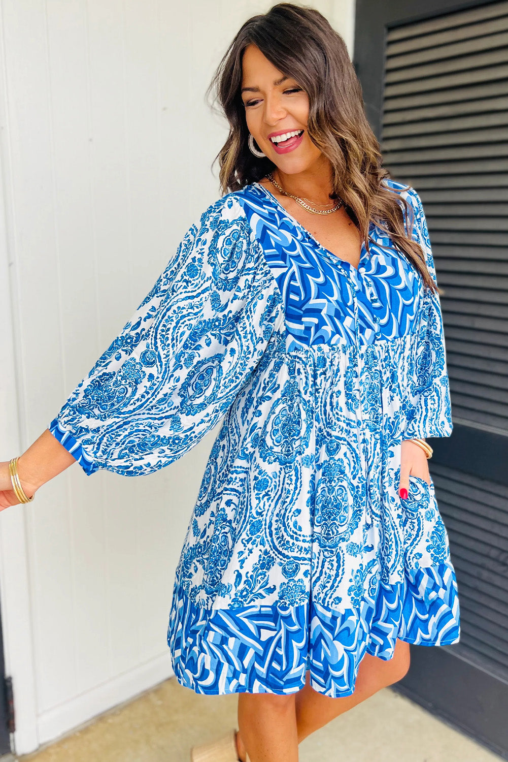 Sky Blue Bohemian Print Puff Sleeve Tied V Neck Flared Mini Dress