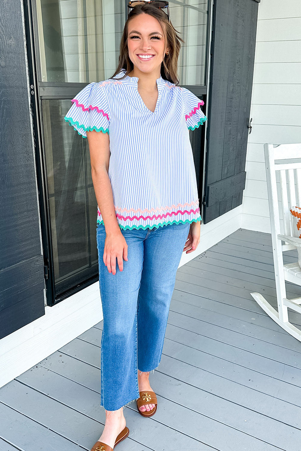 Sky Blue Stripe Ricrac Trim Split Neck Striped Ruffled Sleeve Blouse