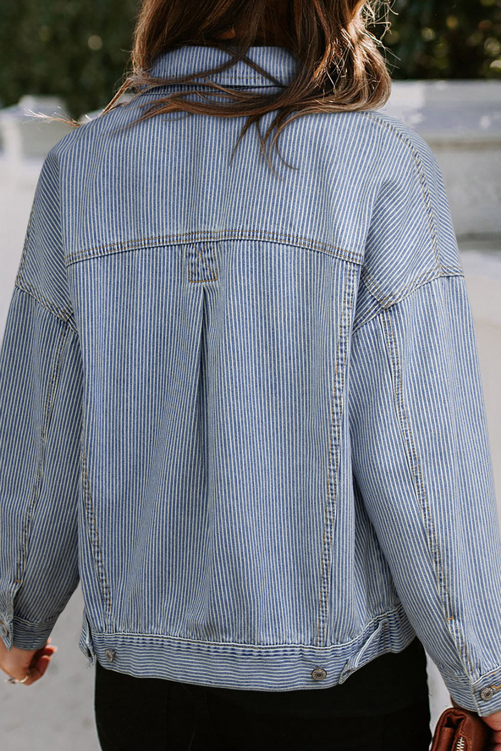 Blue Stripe Washed Oversize Pocketed Denim Jacket