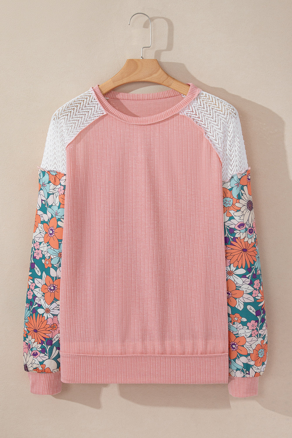 Grapefruit Orange Floral Patchwork Puff Sleeve Textured Blouse