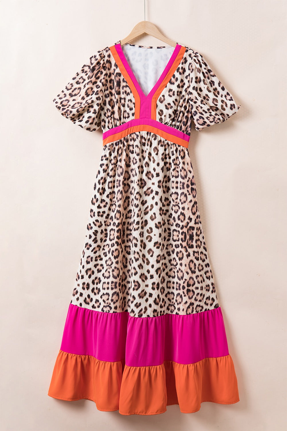 (Pre order/7.11)Leopard Colorblock Bubble Sleeve Maxi Dress