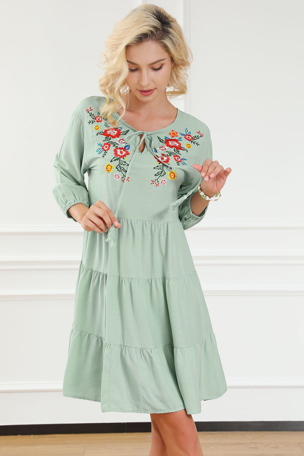 Green Floral Embroidery Tiered Ruffle Hem Dress