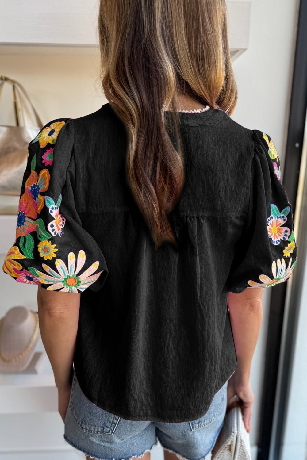 Embroidered Floral Puff Sleeve Split Neck Blouse