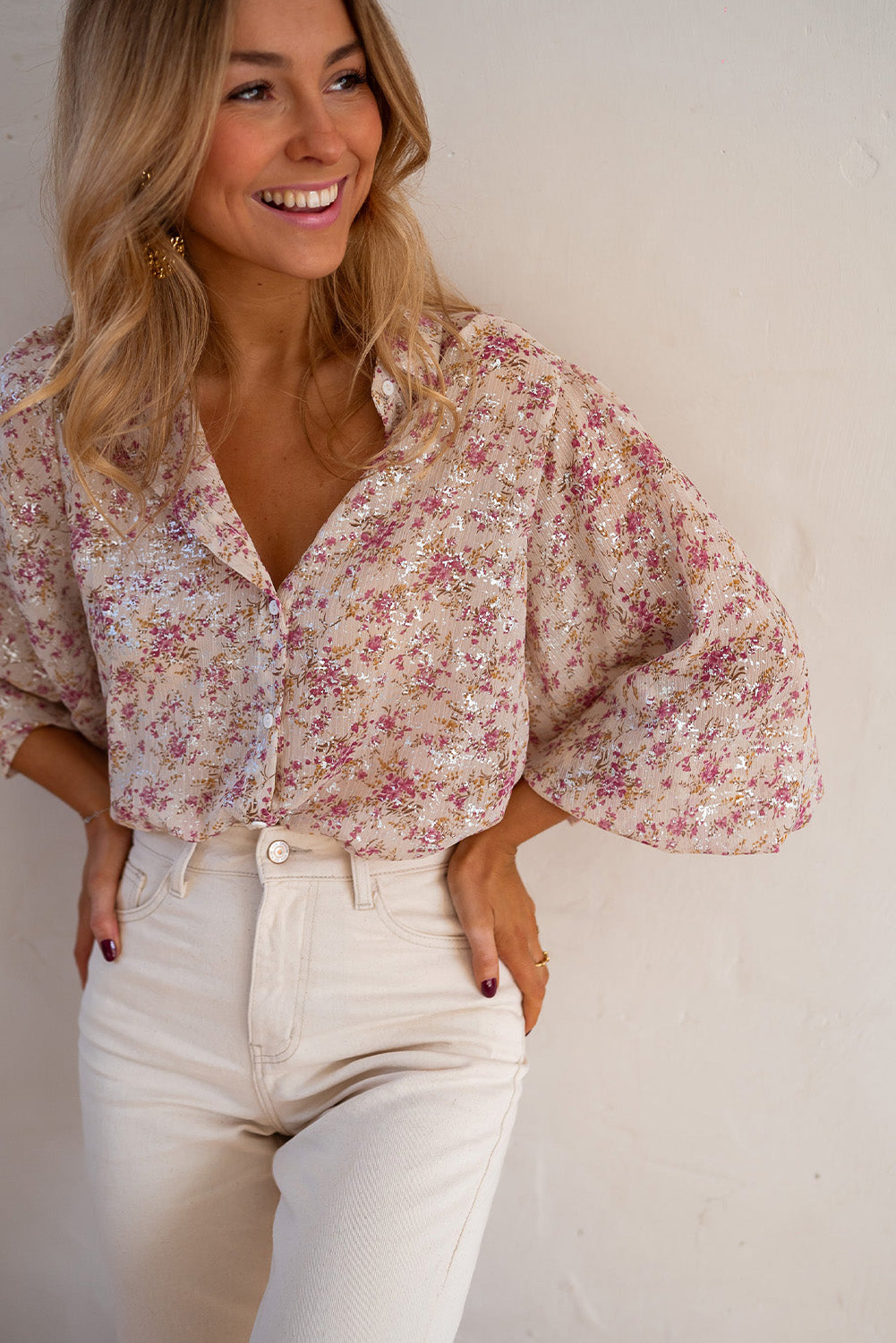 Pink Floral Print Bishop Sleeve Collared V Neck Shirt