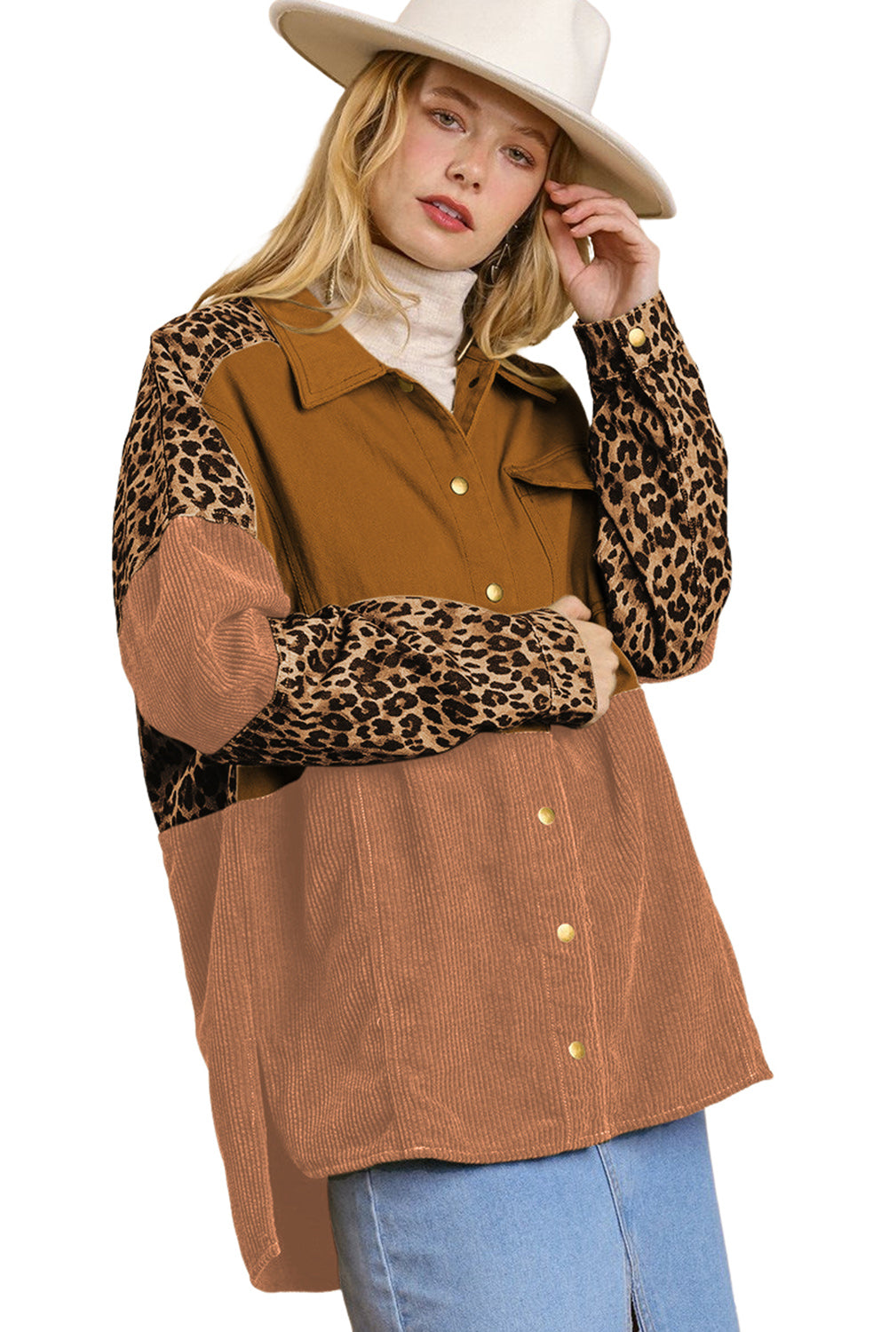 Beige Leopard Patchwork High Low Shirt Jacket