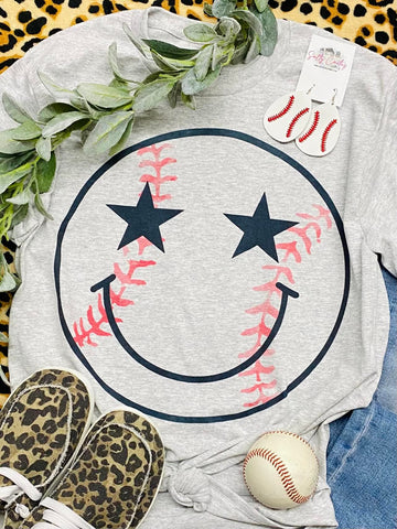 *RTS 10-12 BUS DAYS* Baseball Smiley Face Grey Tee