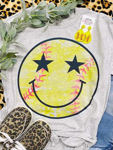 *RTS 10-12 BUS DAYS* Softball Smiley Face Grey Tee