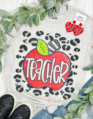 Teacher Apple Leopard Grey Tee