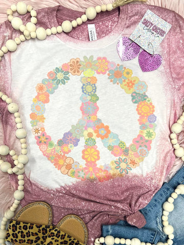 Groovy Peace Sign Flowers Mauve Bleached Tee