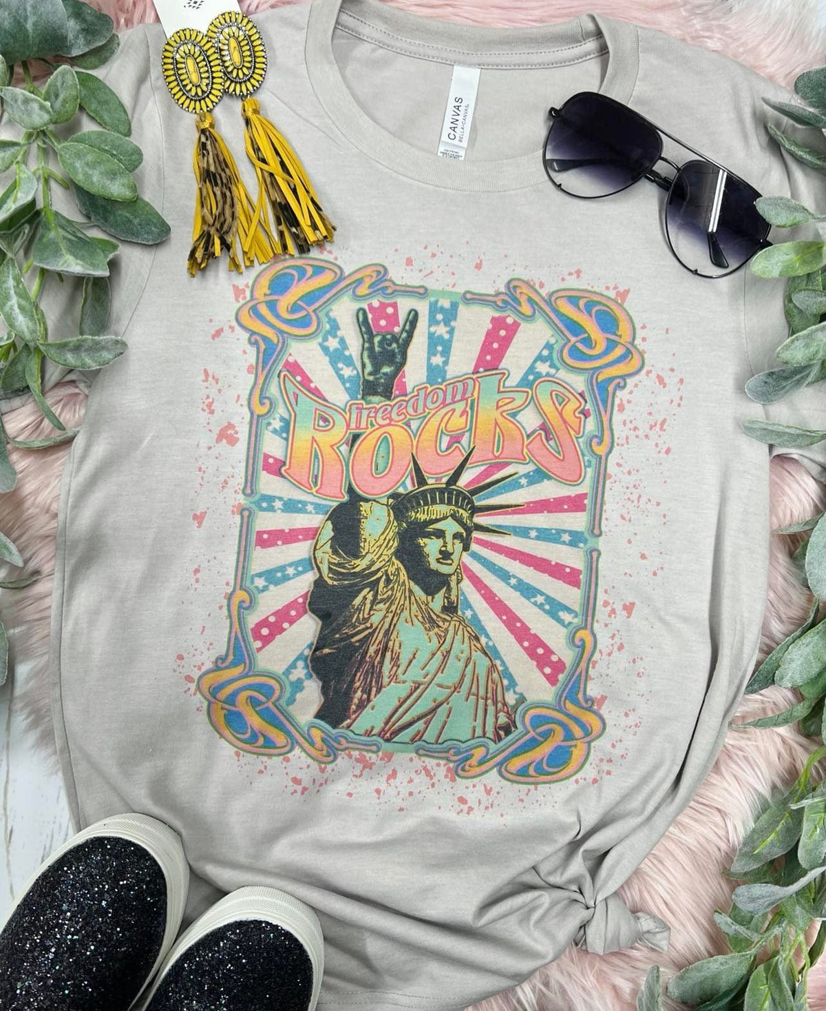 Freedom Rocks Neon Liberty with Splatter Stone Grey Tee