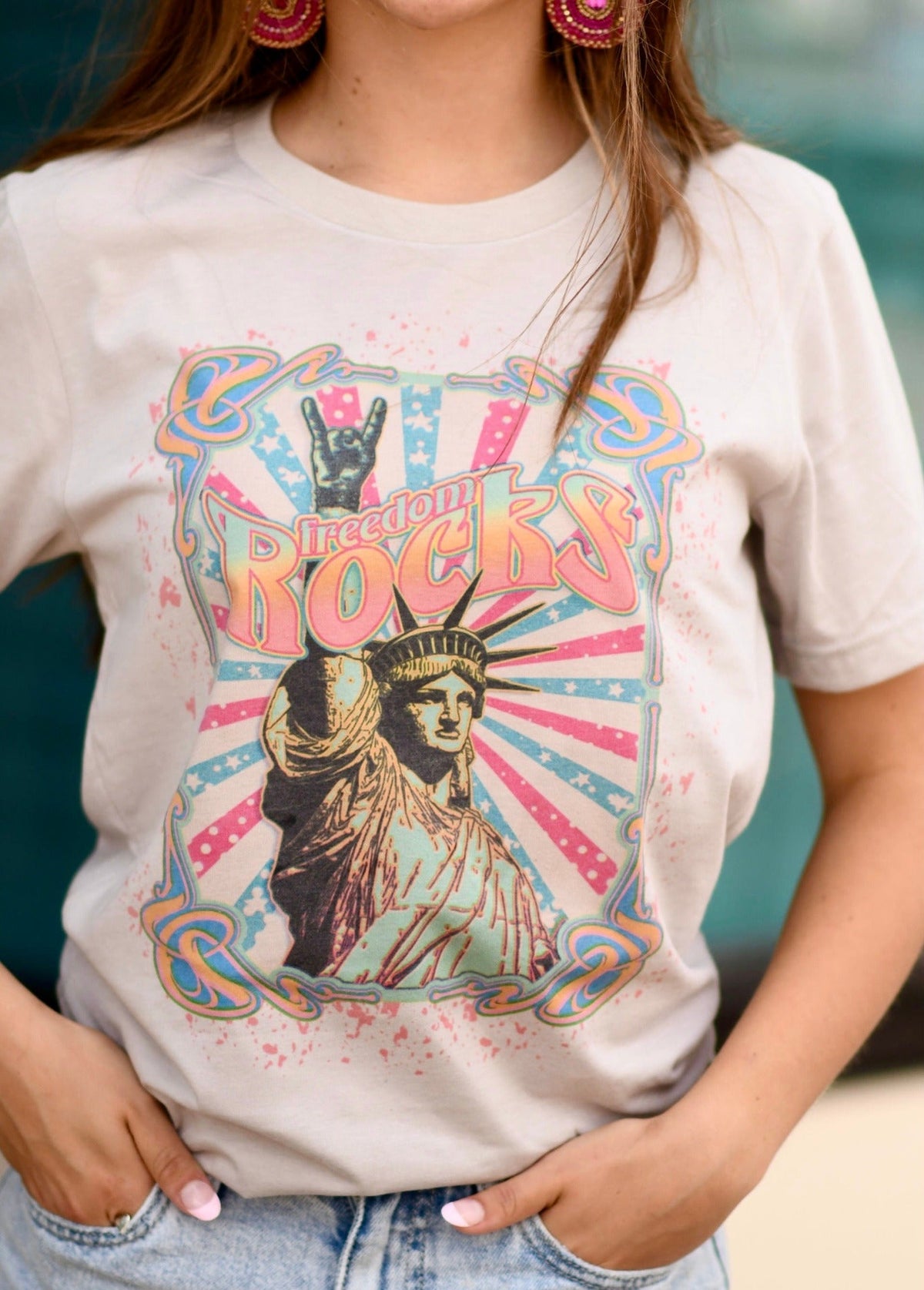 Freedom Rocks Neon Liberty with Splatter Stone Grey Tee