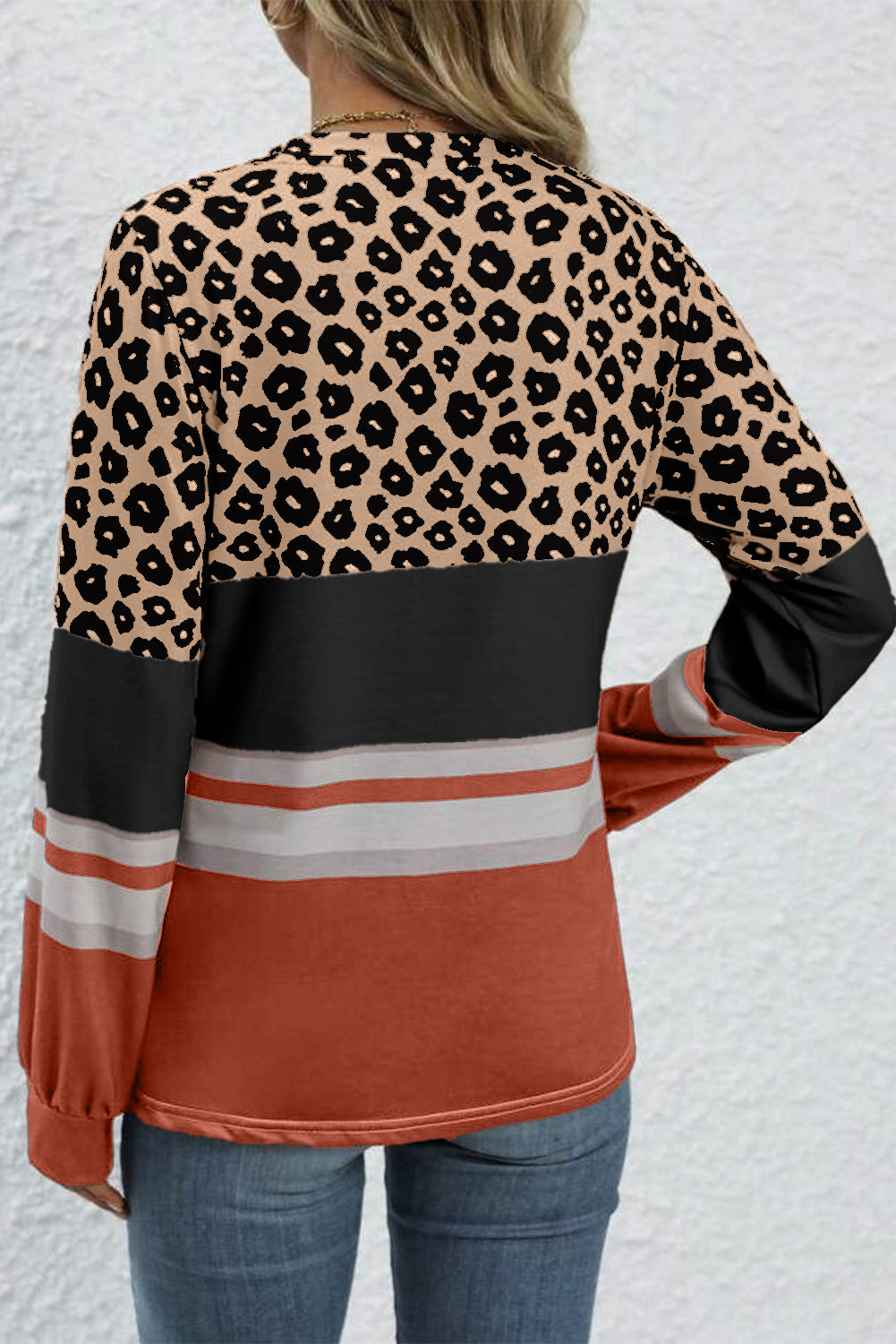 Brown Leopard Color Block Crewneck Long Sleeve Top