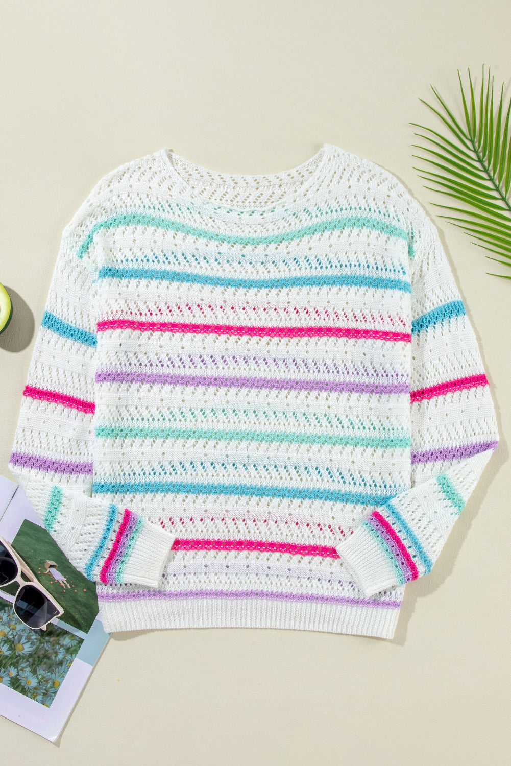 White Striped Hollowed Crochet Loose Fit Sweater