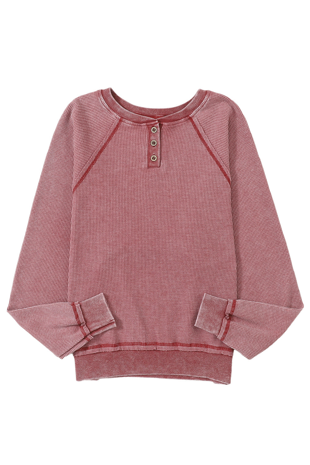 Fiery Red Waffle Knit Raglan Sleeve Henley Sweatshirt