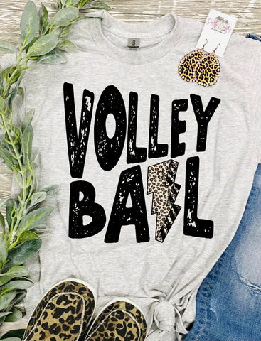 Volleyball Leopard Lightning Bolt Grey Tee