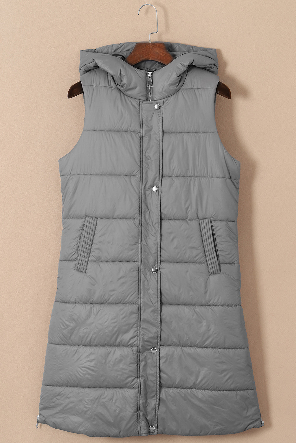 Green Hooded Long Quilted Vest Coat