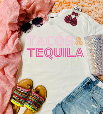 *$9.99 Tacos & Tequila Tri Color White Tee