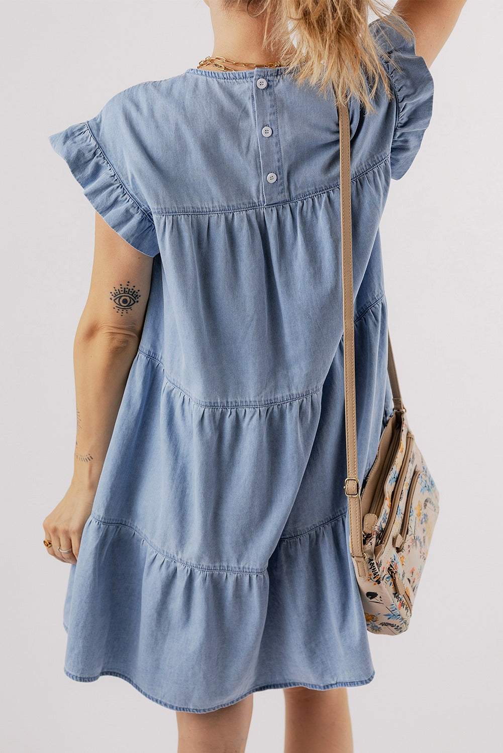 Ruffle Short Sleeve Tiered A-line Denim Dress