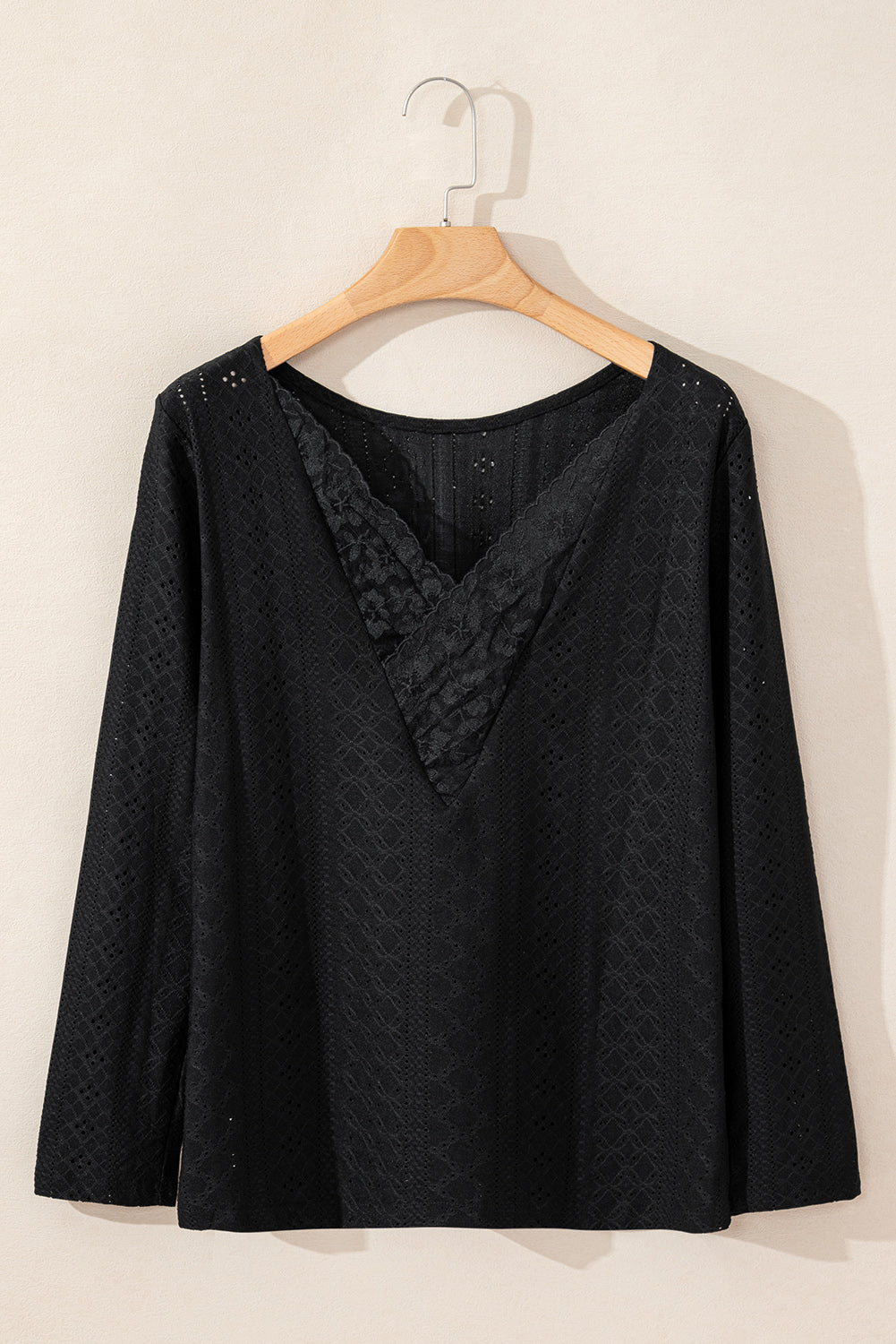 Black Floral Lace Splicing Eyelet Long Sleeve Top