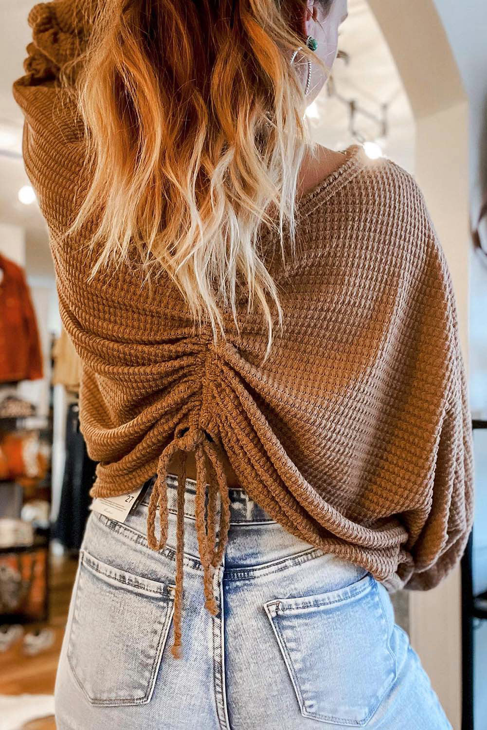 Brown V-Neck Drawstring Dolman Sleeve Waffle Knit Top