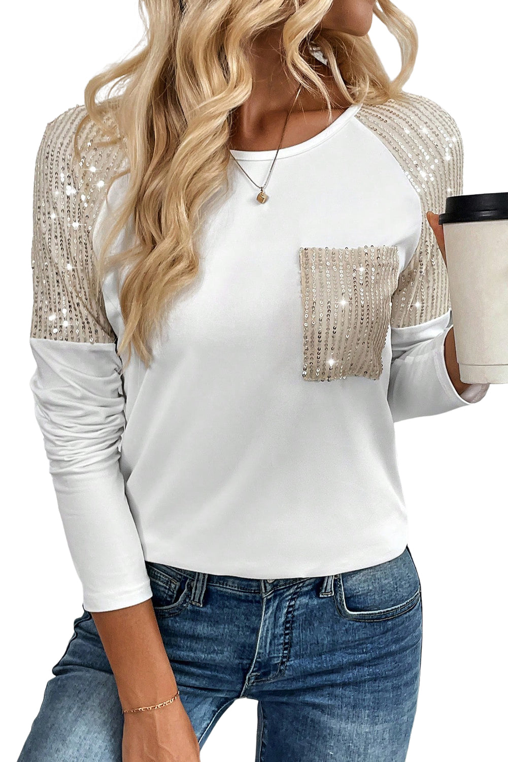 Black Sequin Patch Chest Pocket Raglan Sleeve Top