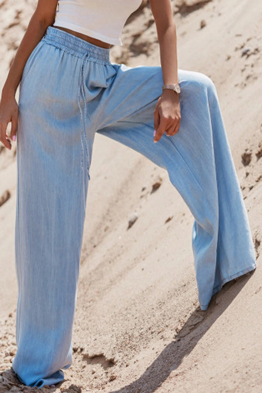 Denim Drawstring High Waist Wide Leg Pants