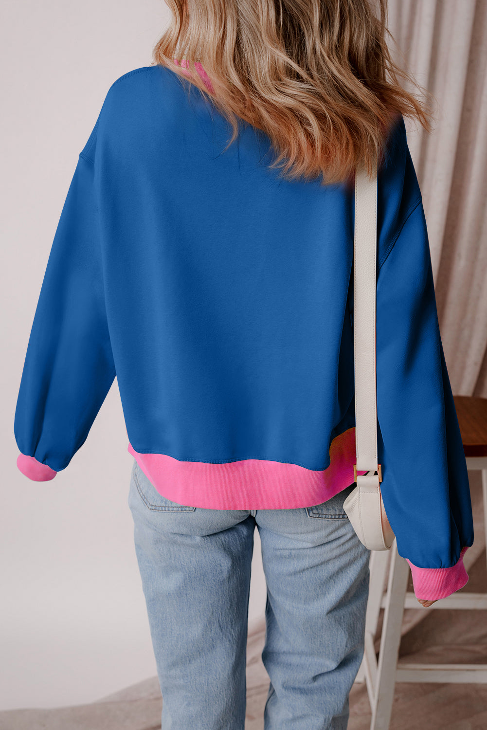 Pink Colorblock Bubble Sleeve Sweatshirt