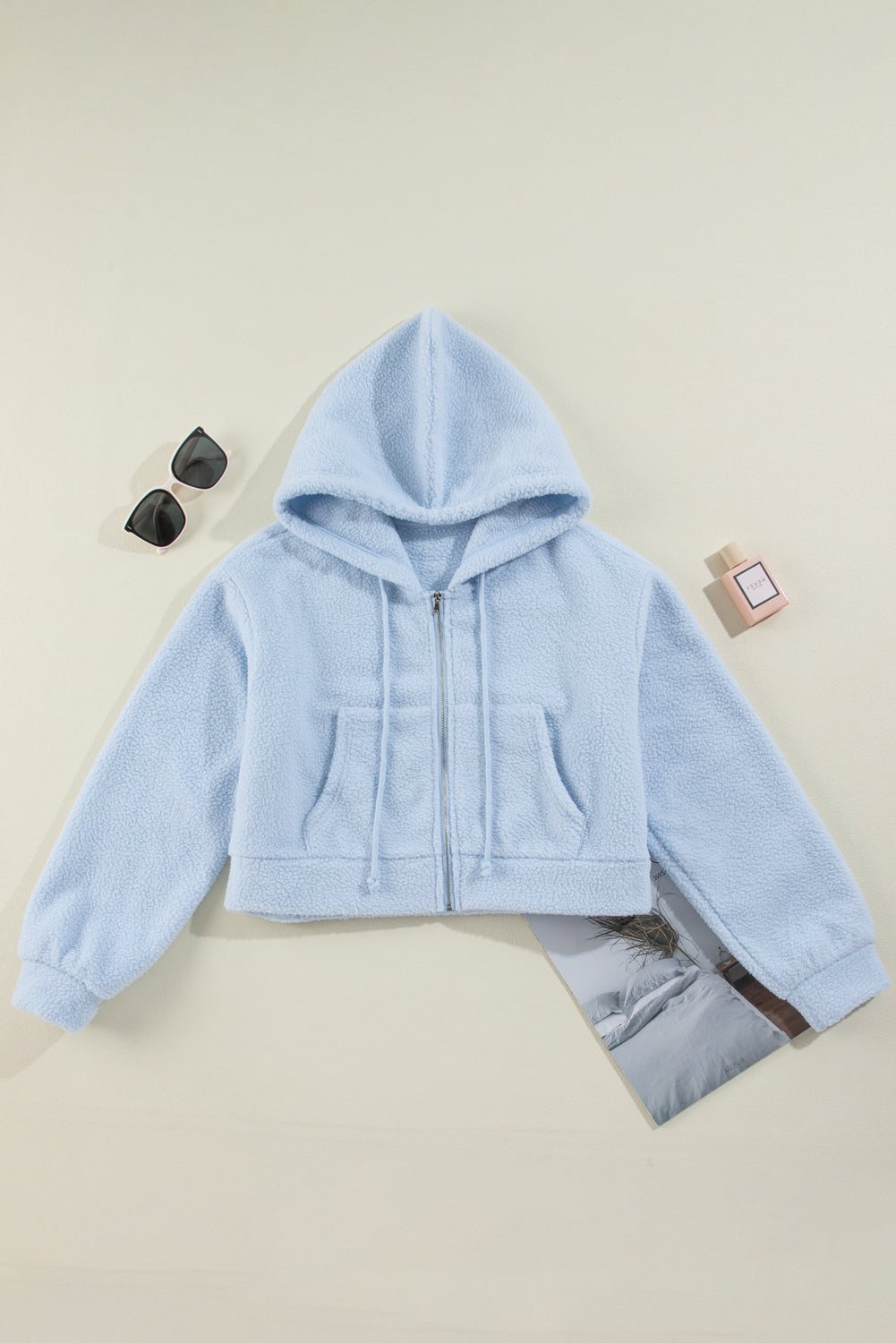 Beau Blue Cropped Sherpa Zip Up Hoodie