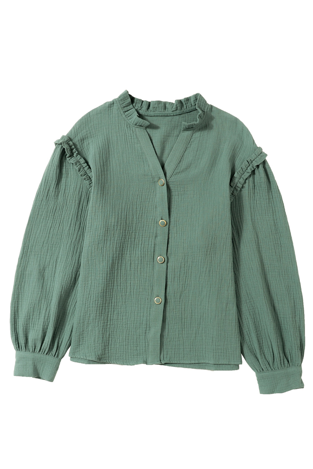 Green Frilled Split Neck Crinkled Shirt