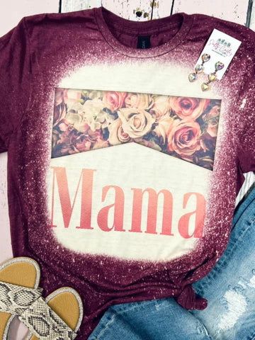 Mama Peach Floral Maroon Bleached Tee