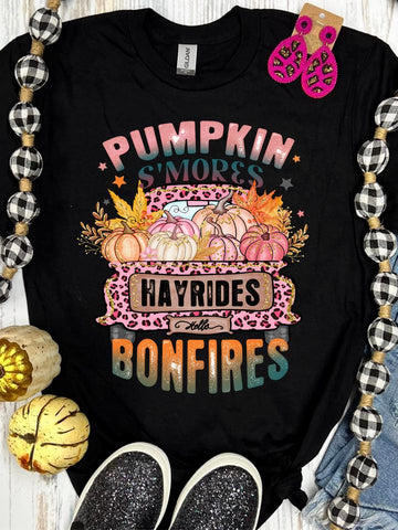 DTG Pumpkin S'mores Hayrides Bonfires Colorful Black Tee