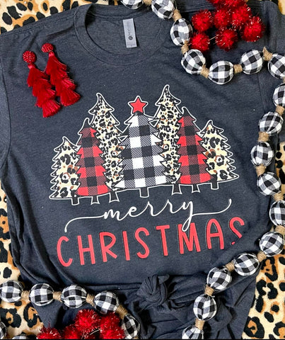 *DTG* Merry Christmas Leopard and Plaid Dark Grey Tee