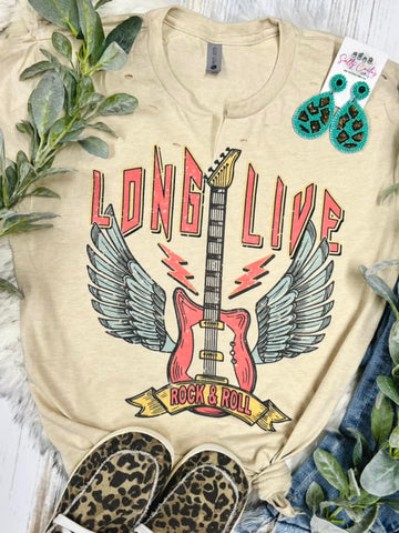 Long Live Rock N Roll Red Tan Tee With Cuts