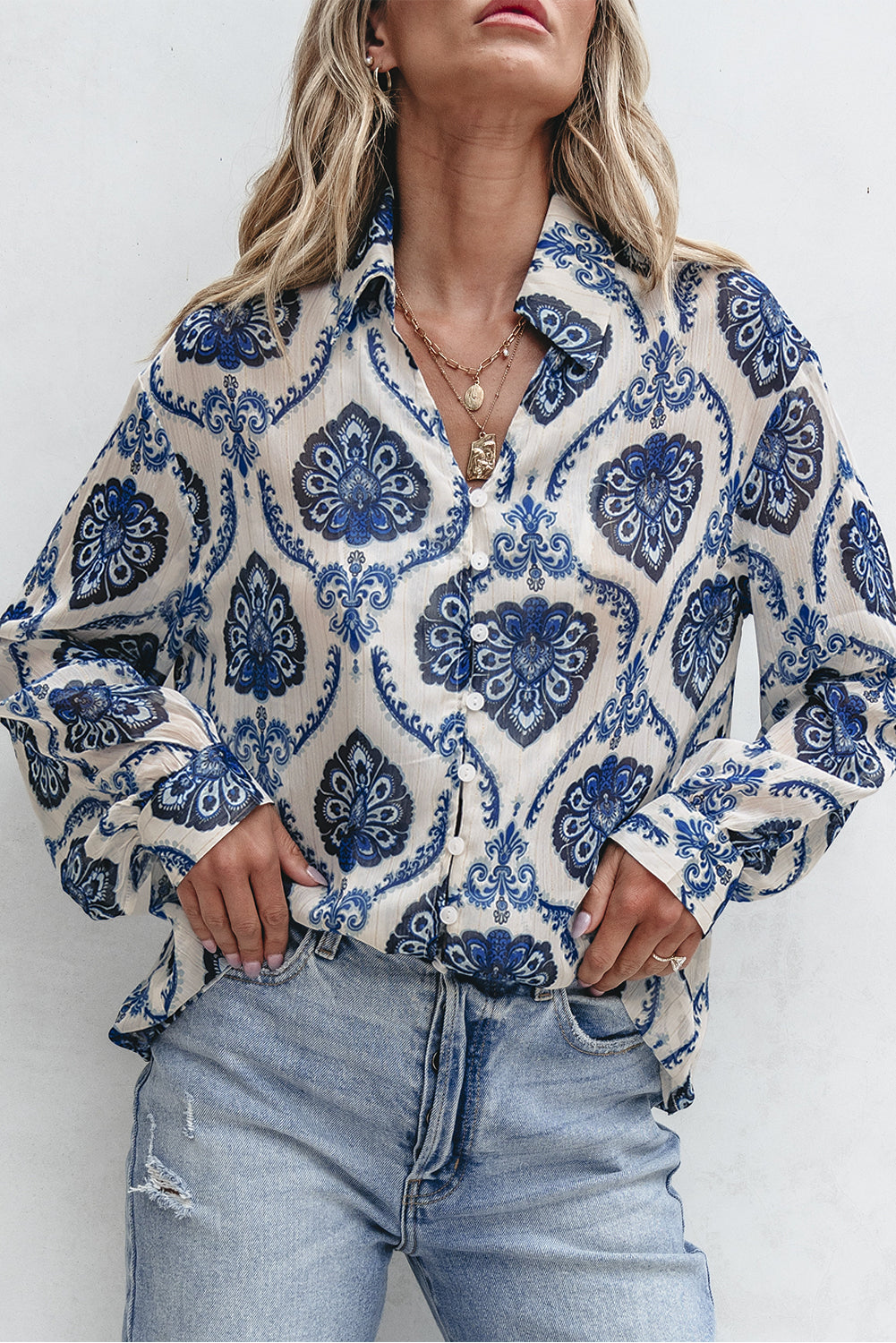 Blue Tribal Pattern Buttoned Front Loose Shirt