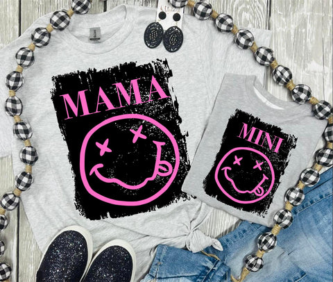 Mama and Mini Pink Rocker Smiley Grey Tee