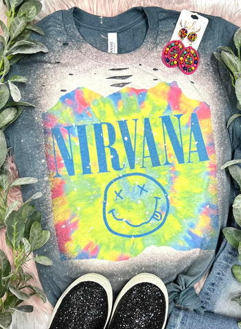 Nirvana Neon Tie Dye Slate Bleached Tee with cuts