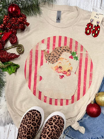 Santa Circle Red and White Stripes Tan Tee