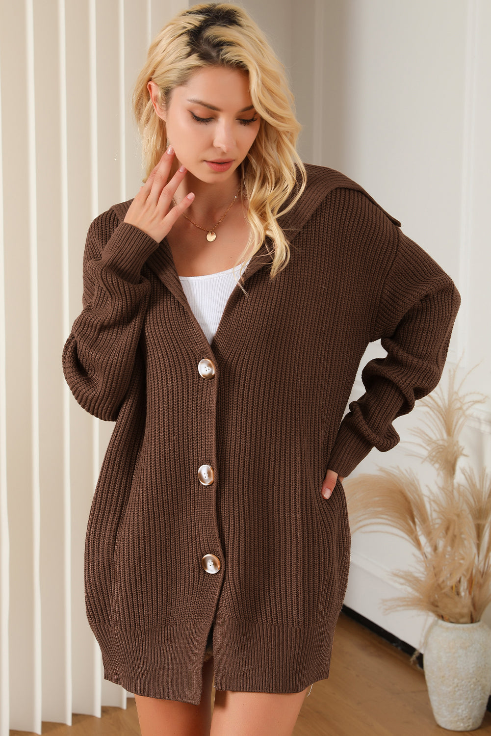 Brown Chunky Knit Lapel Collar Button up Cardigan